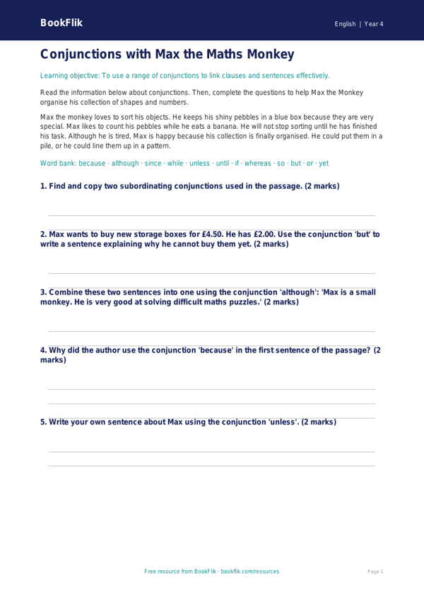Free Conjunctions Word Mat | Year 4 Core | BookFlik worksheet preview — English Conjunctions