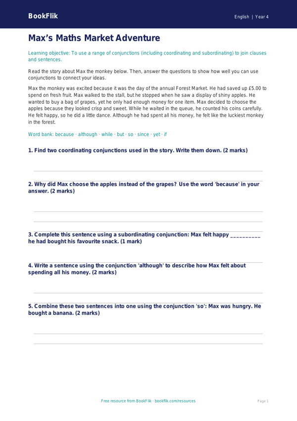 Free Conjunctions Worksheet | Year 4 Core | BookFlik worksheet preview — English Conjunctions