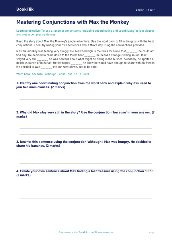 Free Conjunctions Writing Frame | Year 4 Core | BookFlik worksheet preview — English Conjunctions