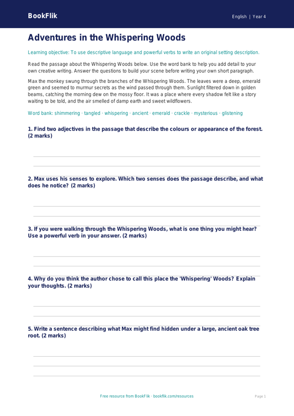 Free Creative Writing Activity Sheet | Year 4 Core | BookFlik worksheet preview — English Creative Writing