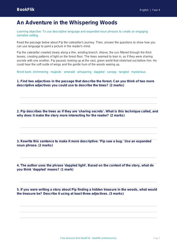 Free Creative Writing Assessment | Year 4 Core | BookFlik worksheet preview — English Creative Writing
