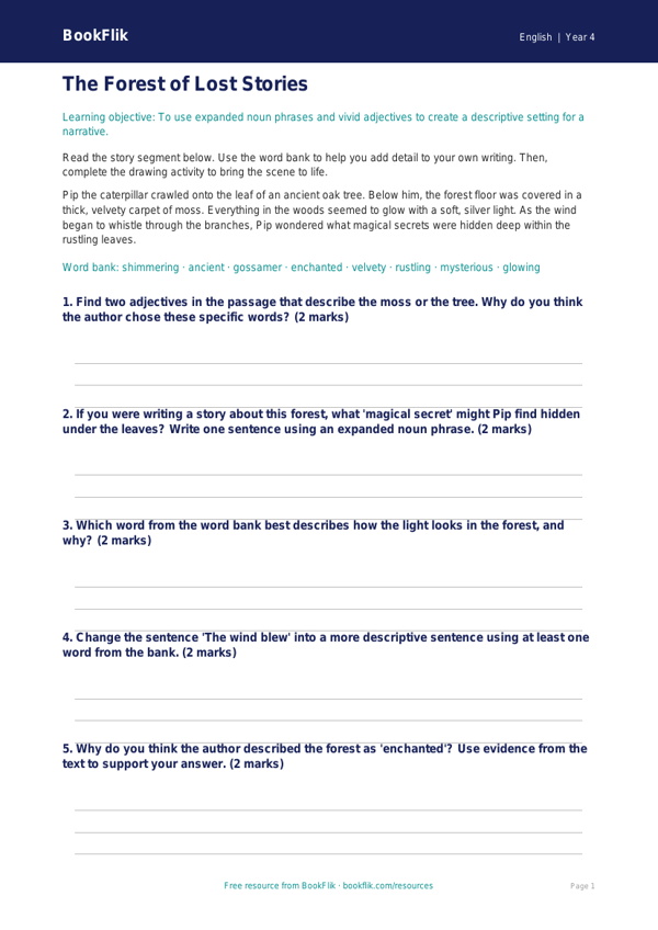 Free Creative Writing Colouring Page | Year 4 Core | BookFlik worksheet preview — English Creative Writing