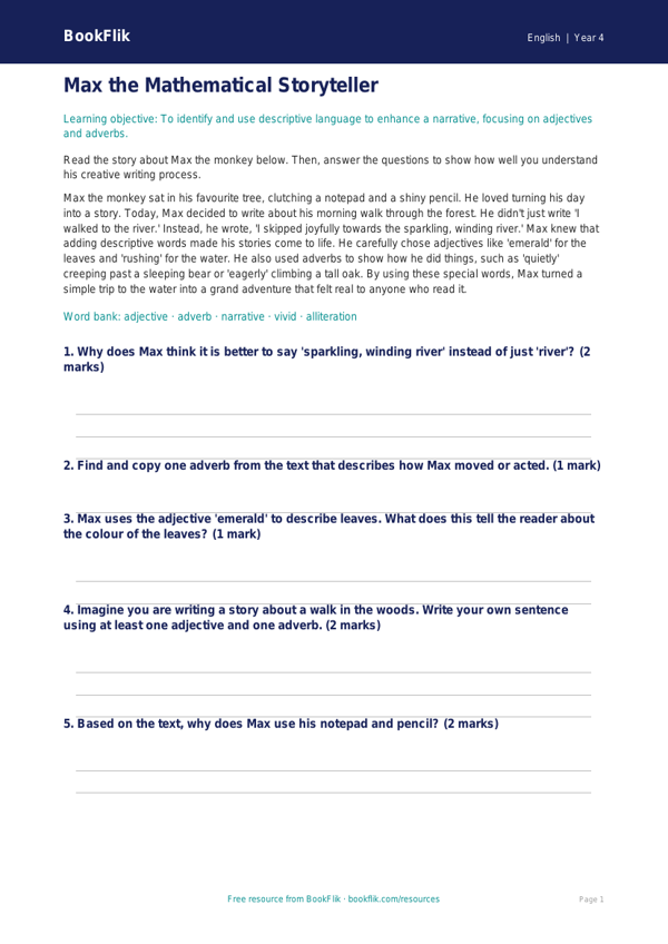 Free Creative Writing Comprehension | Year 4 Core | BookFlik worksheet preview — English Creative Writing