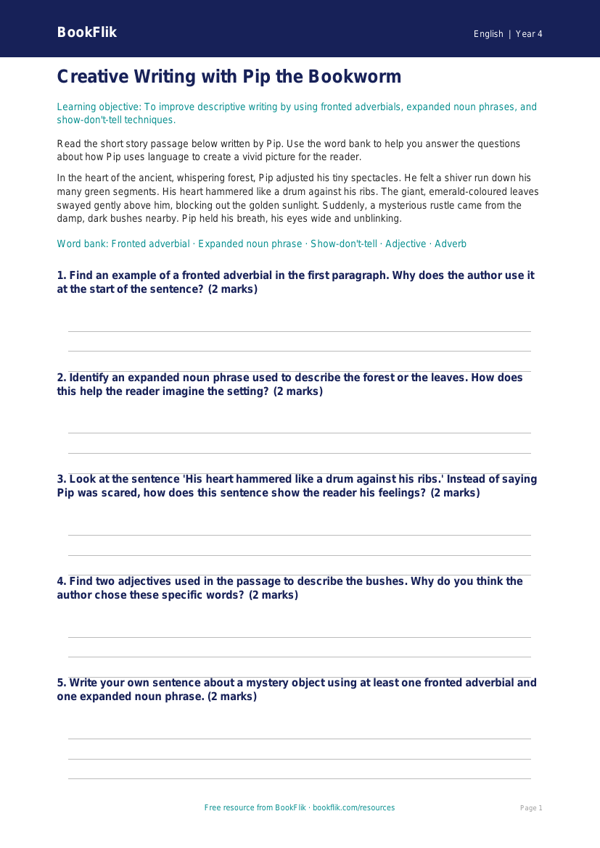 Free Creative Writing Flashcards | Year 4 Core | BookFlik worksheet preview — English Creative Writing