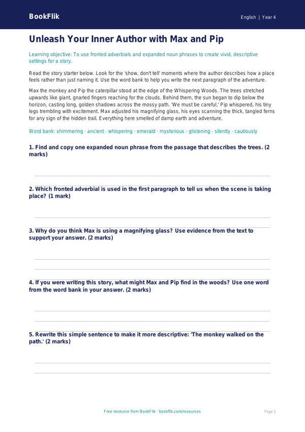 Free Creative Writing Poster | Year 4 Core | BookFlik worksheet preview — English Creative Writing