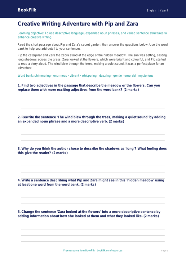 Free Creative Writing Quiz | Year 4 Core | BookFlik worksheet preview — English Creative Writing