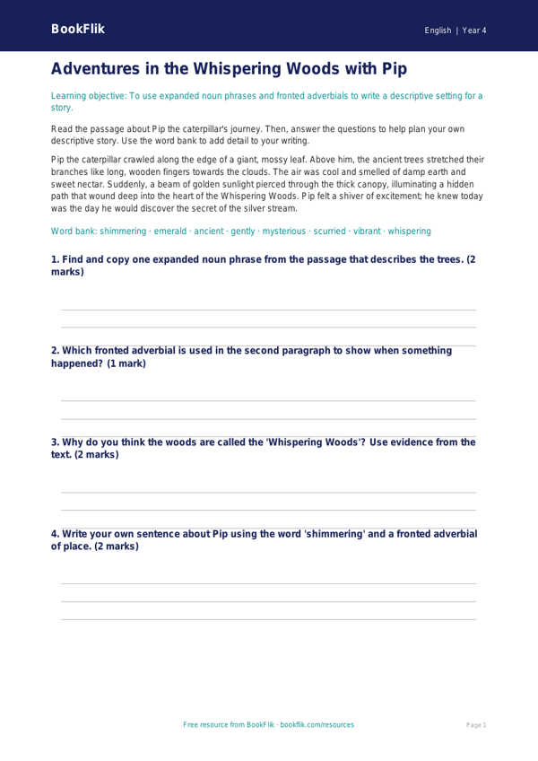 Free Creative Writing Template | Year 4 Core | BookFlik worksheet preview — English Creative Writing