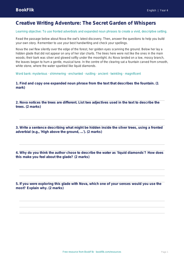 Free Creative Writing Track Sheet | Year 4 Core | BookFlik worksheet preview — English Creative Writing