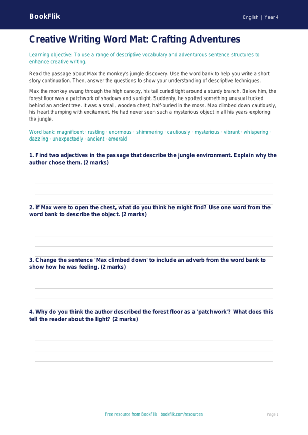 Free Creative Writing Word Mat | Year 4 Core | BookFlik worksheet preview — English Creative Writing