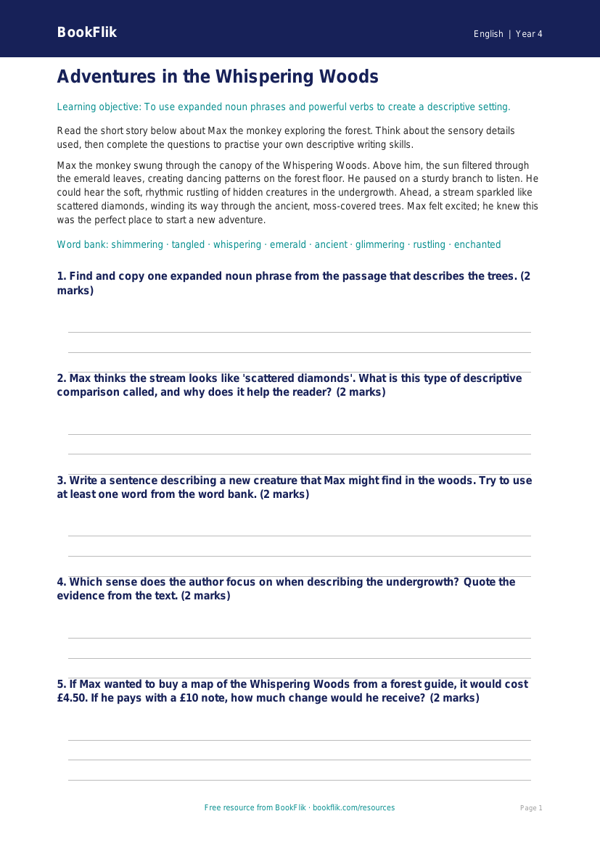 Free Creative Writing Worksheet | Year 4 Core | BookFlik worksheet preview — English Creative Writing