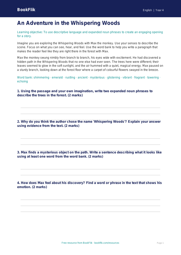 Free Creative Writing Frame | Year 4 Literacy Resource | BookFlik worksheet preview — English Creative Writing