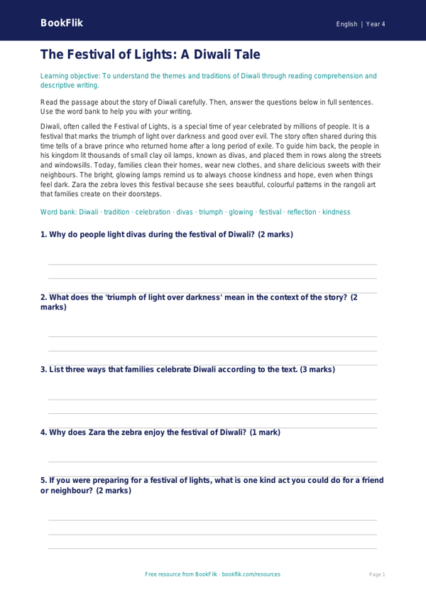 Free Diwali Story Activity Sheet | Year 4 Core | BookFlik worksheet preview — English Diwali Story