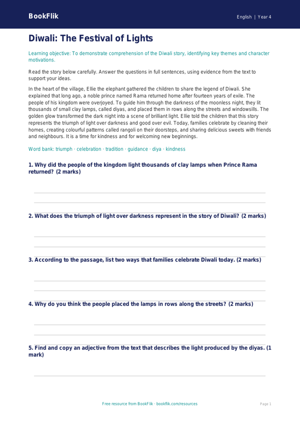 Free Diwali Story Assessment | Year 4 Core | BookFlik worksheet preview — English Diwali Story