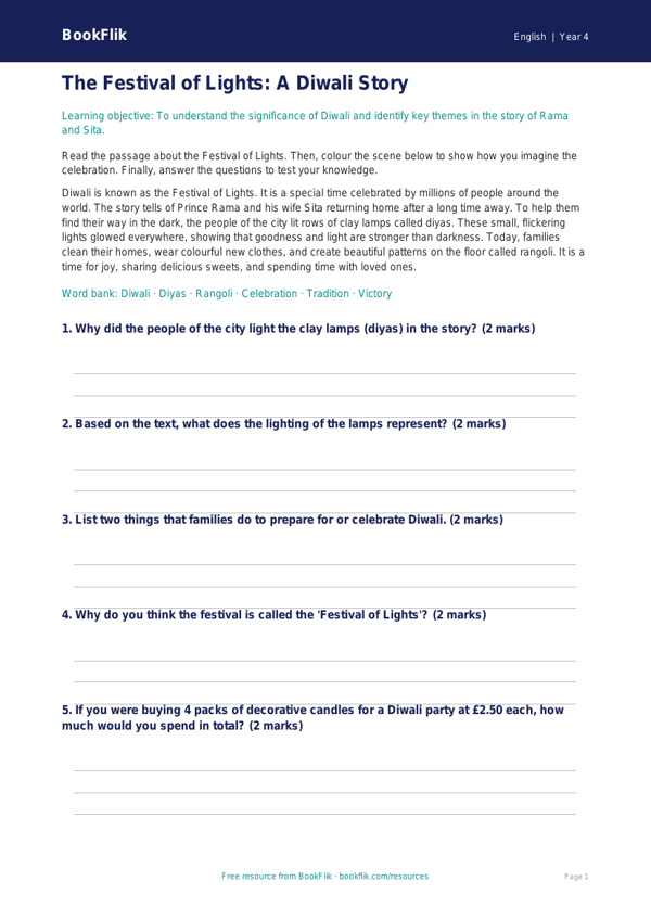 Free Diwali Story Colouring Page | Year 4 Core | BookFlik worksheet preview — English Diwali Story