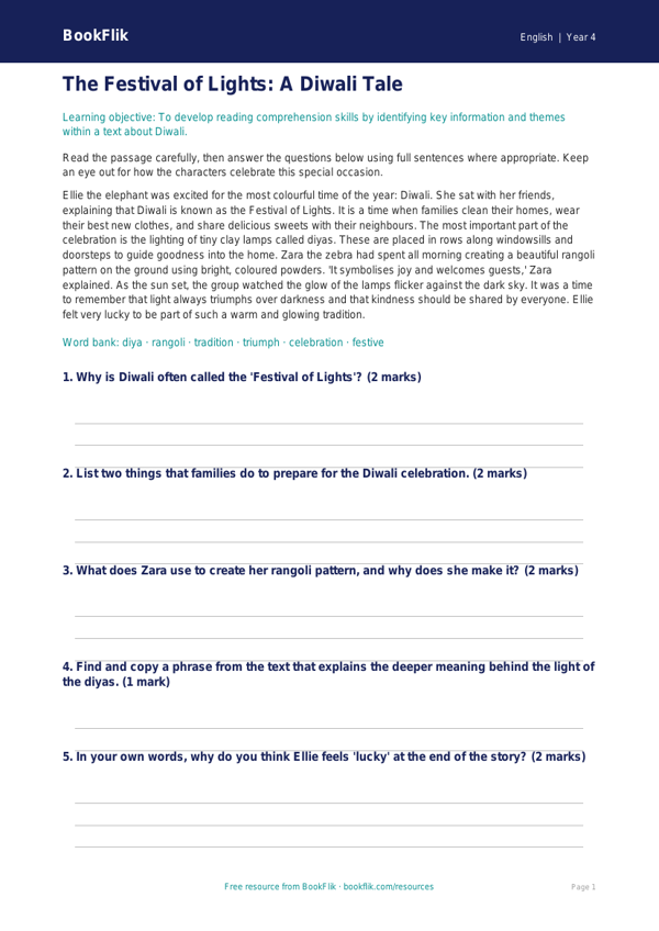 Free Diwali Story Comprehension | Year 4 Core | BookFlik worksheet preview — English Diwali Story