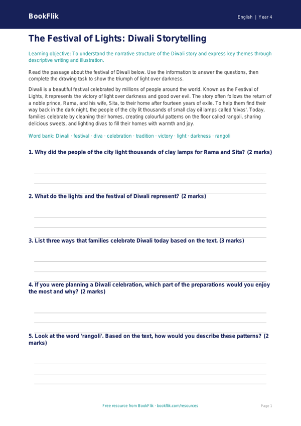 Free Diwali Story Drawing Sheet | Year 4 Core | BookFlik worksheet preview — English Diwali Story