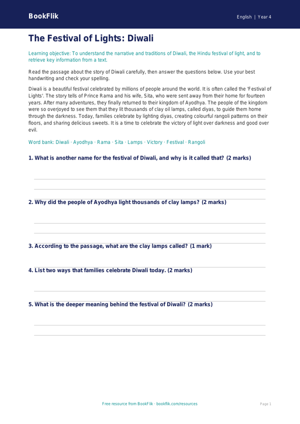 Free Diwali Story Flashcards | Year 4 Core | BookFlik worksheet preview — English Diwali Story