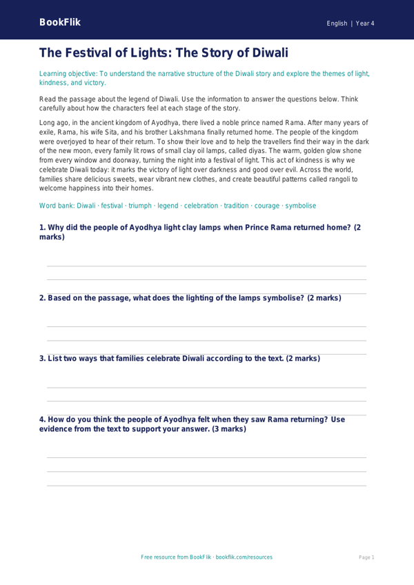 Free Diwali Story Poster | Year 4 Core | BookFlik worksheet preview — English Diwali Story