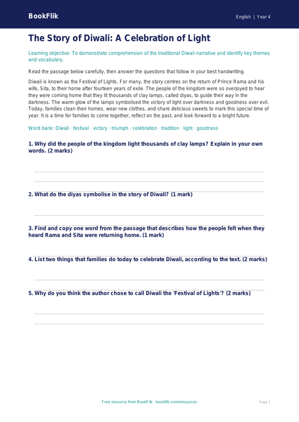 Free Diwali Story Quiz | Year 4 Core | BookFlik worksheet preview — English Diwali Story
