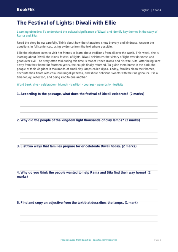 Free Diwali Story Template | Year 4 Core | BookFlik worksheet preview — English Diwali Story