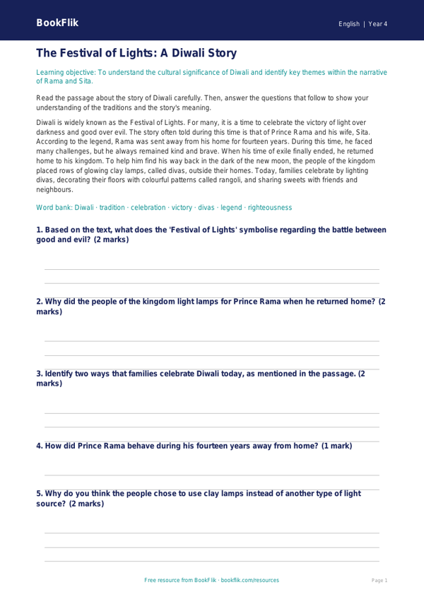 Free Diwali Story Track Sheet | Year 4 Core | BookFlik worksheet preview — English Diwali Story