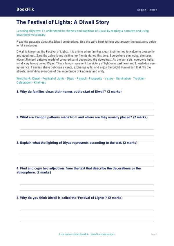 Free Diwali Story Word Mat | Year 4 Core | BookFlik worksheet preview — English Diwali Story