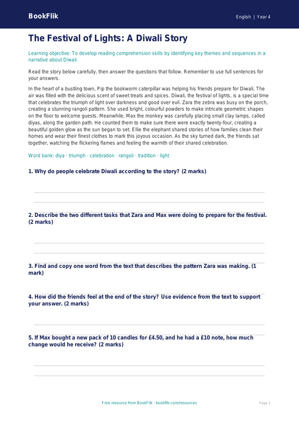 Free Diwali Story Worksheet | Year 4 Core | BookFlik worksheet preview — English Diwali Story