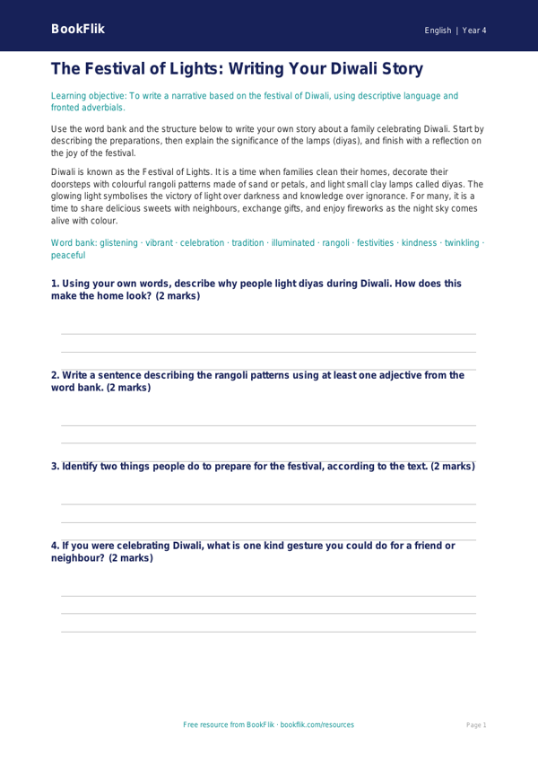 Free Diwali Story Writing Frame | Year 4 Core | BookFlik worksheet preview — English Diwali Story