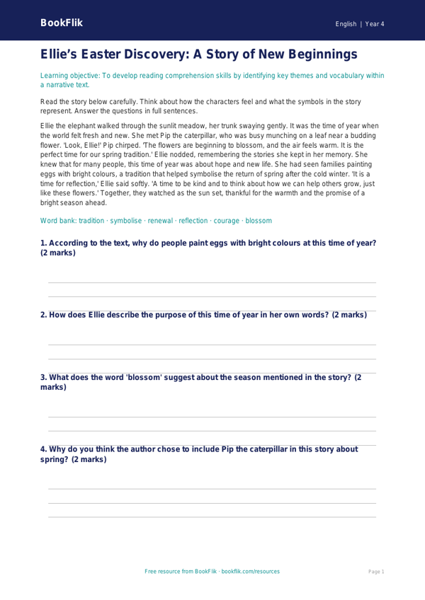 Free Easter Story Activity Sheet | Year 4 Core | BookFlik worksheet preview — English Easter Story