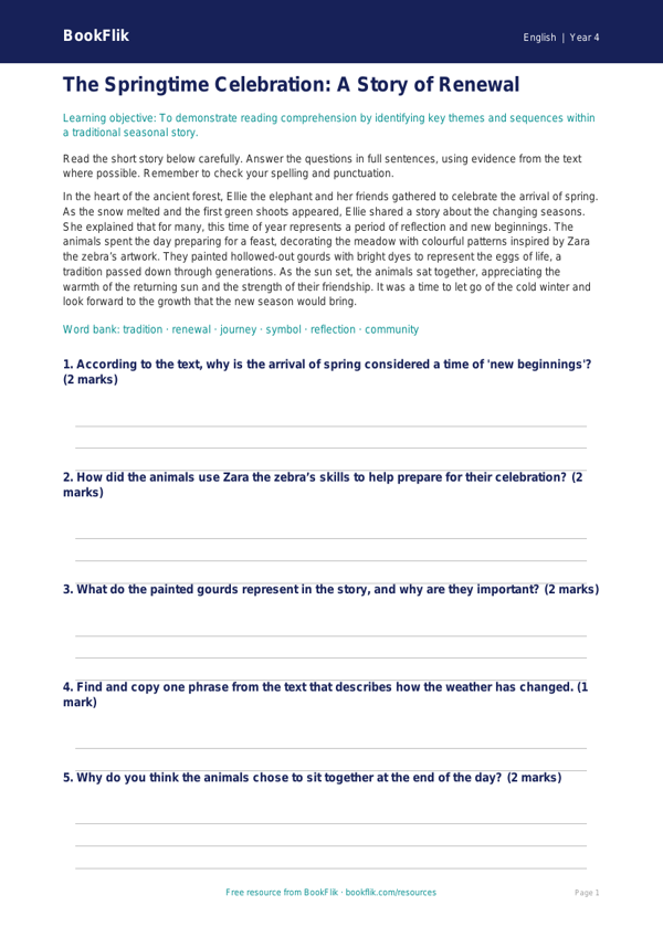 Free Easter Story Assessment | Year 4 Core | BookFlik worksheet preview — English Easter Story