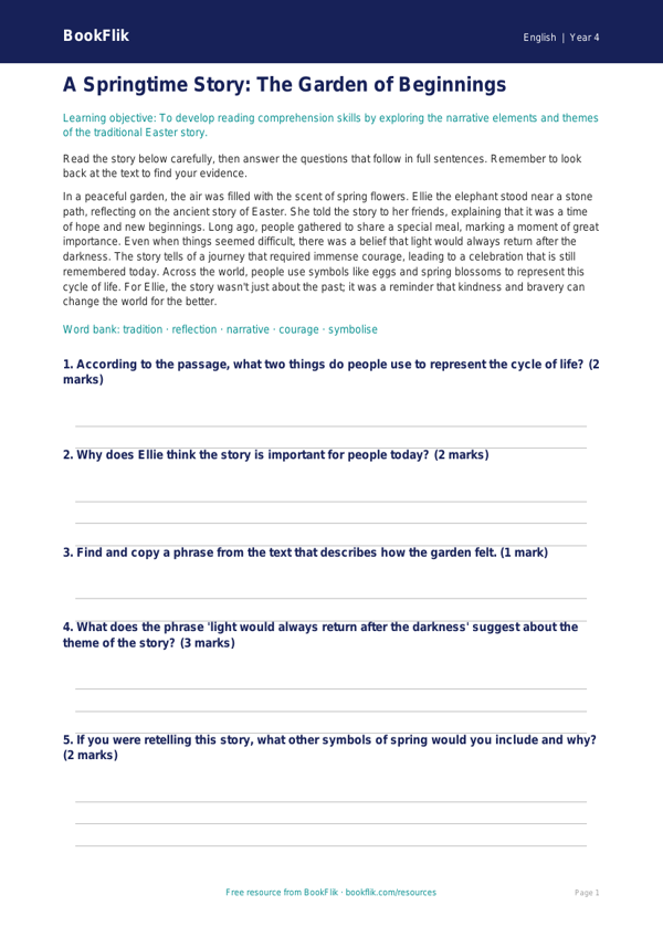 Free Easter Story Comprehension | Year 4 Core | BookFlik worksheet preview — English Easter Story