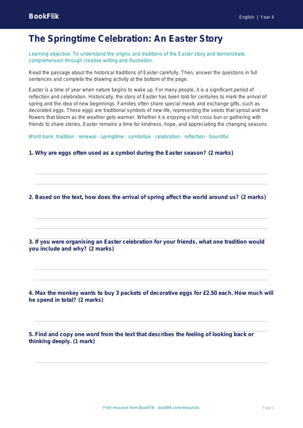 Free Easter Story Drawing Sheet | Year 4 Core | BookFlik worksheet preview — English Easter Story