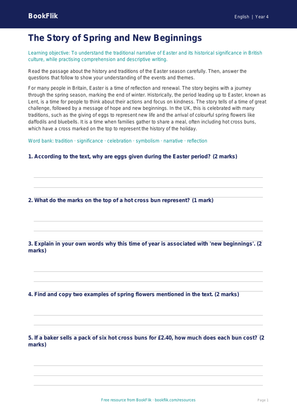 Free Easter Story Flashcards | Year 4 Core | BookFlik worksheet preview — English Easter Story