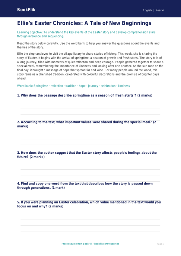 Free Easter Story Poster | Year 4 Core | BookFlik worksheet preview — English Easter Story
