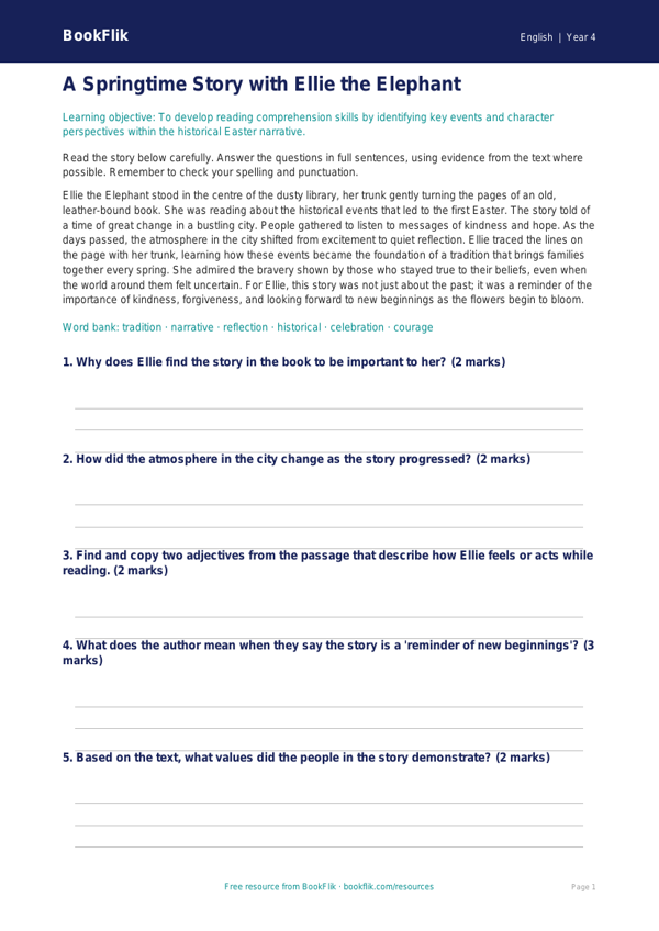 Free Easter Story Quiz | Year 4 Core | BookFlik worksheet preview — English Easter Story
