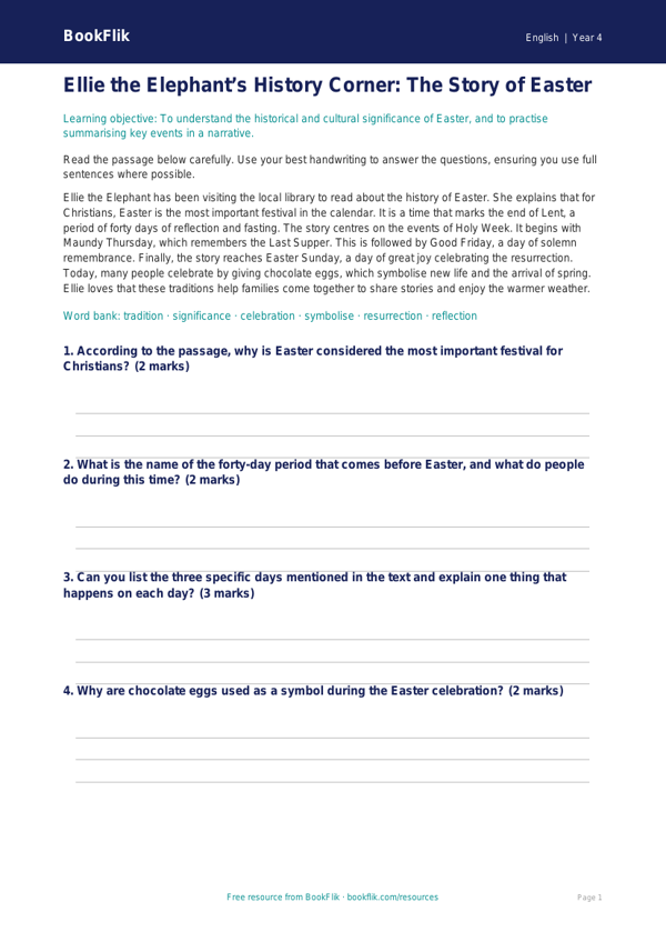Free Easter Story Template | Year 4 Core | BookFlik worksheet preview — English Easter Story