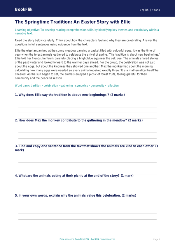 Free Easter Story Track Sheet | Year 4 Core | BookFlik worksheet preview — English Easter Story