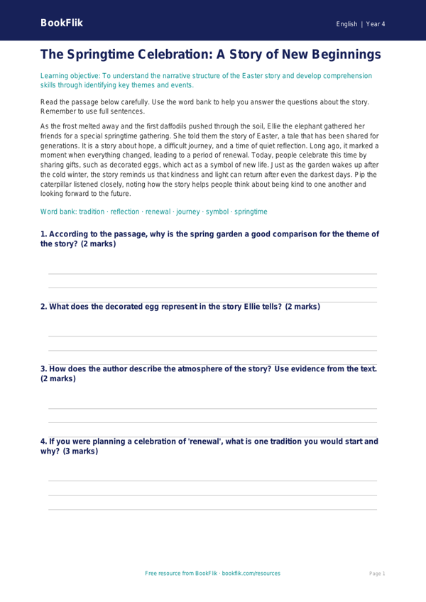 Free Easter Story Worksheet | Year 4 Core | BookFlik worksheet preview — English Easter Story