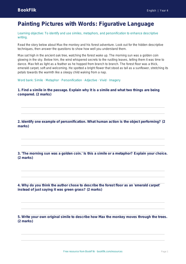 Free Figurative Language Activity Sheet | Year 4 Core | BookFlik worksheet preview — English Figurative Language