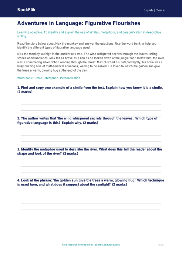 Free Figurative Language Assessment | Year 4 Core | BookFlik worksheet preview — English Figurative Language