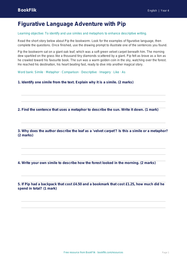 Free Figurative Language Colouring Page | Year 4 Core | BookFlik worksheet preview — English Figurative Language