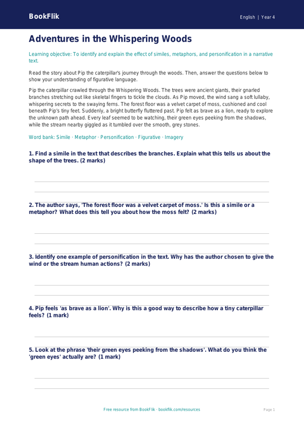 Free Figurative Language Comprehension | Year 4 Core | BookFlik worksheet preview — English Figurative Language