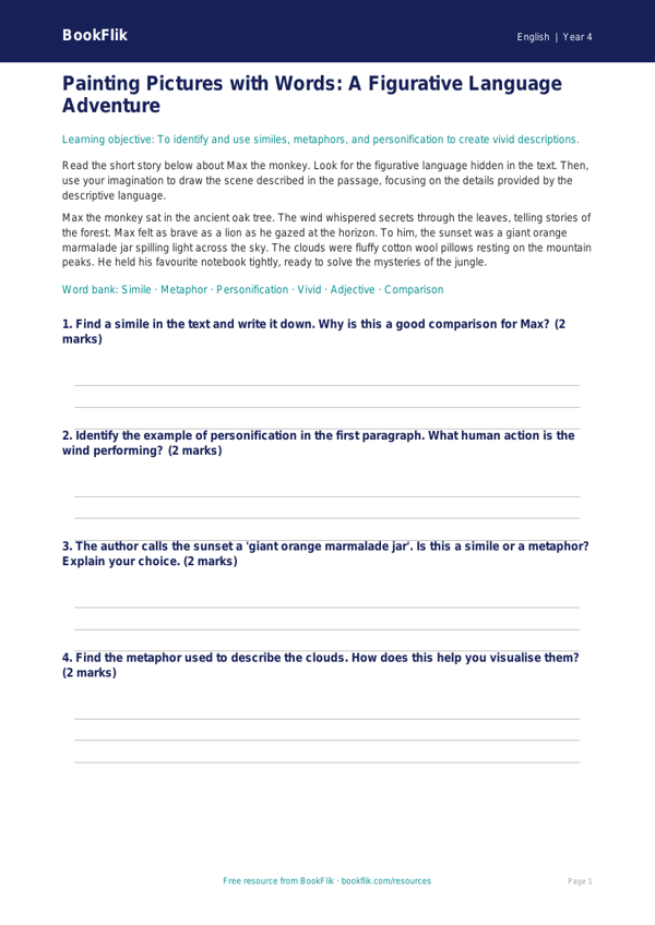 Free Figurative Language Drawing Sheet | Year 4 Core | BookFlik worksheet preview — English Figurative Language