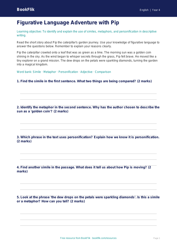 Free Figurative Language Flashcards | Year 4 Core | BookFlik worksheet preview — English Figurative Language