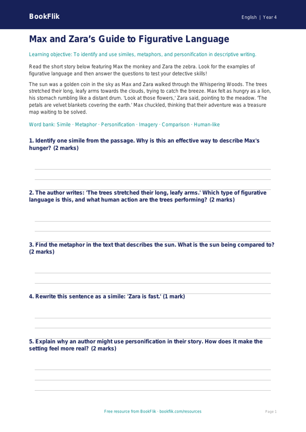 Free Figurative Language Poster | Year 4 Core | BookFlik worksheet preview — English Figurative Language