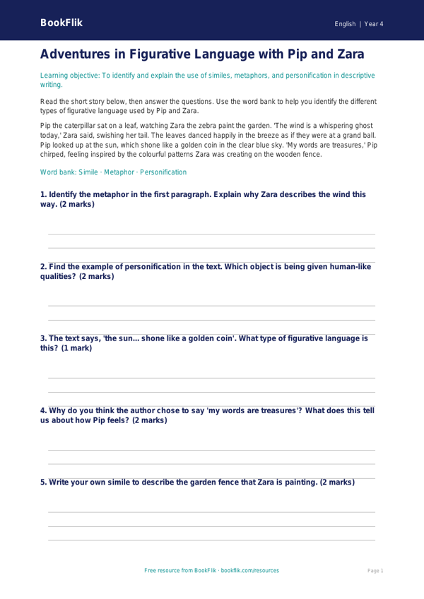 Free Figurative Language Quiz | Year 4 Core | BookFlik worksheet preview — English Figurative Language