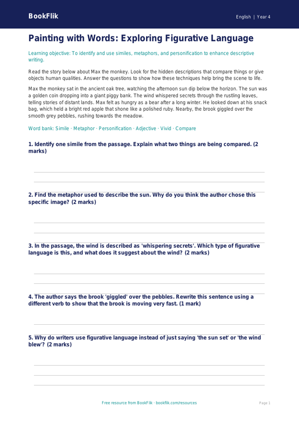 Free Figurative Language Template | Year 4 Core | BookFlik worksheet preview — English Figurative Language