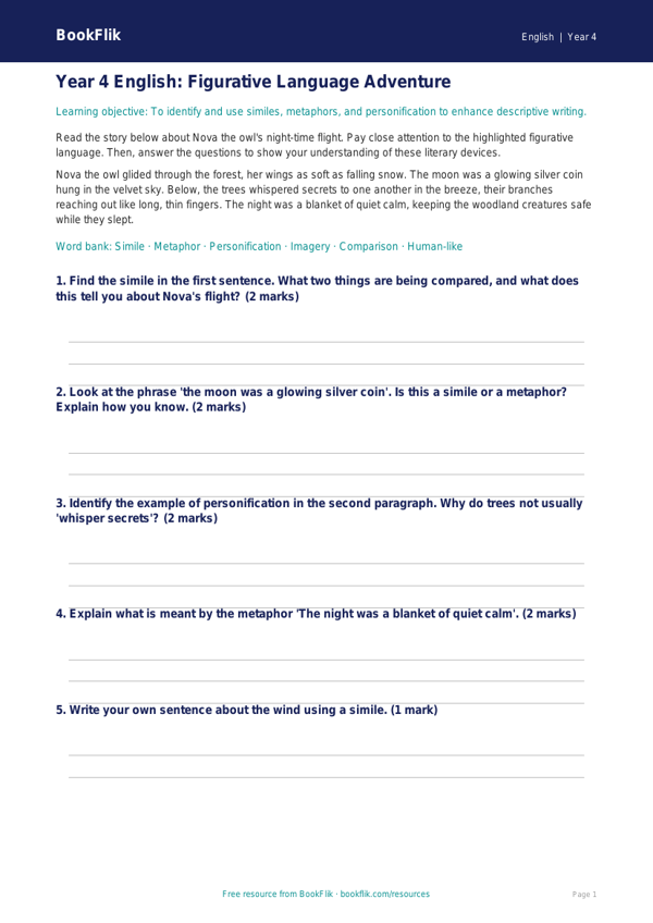 Free Figurative Language Track Sheet | Year 4 Core | BookFlik worksheet preview — English Figurative Language