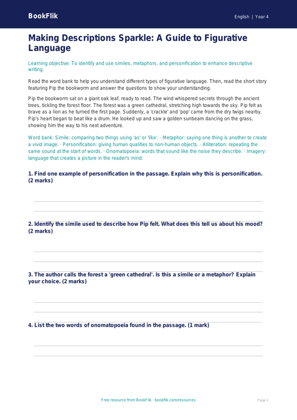 Free Figurative Language Word Mat | Year 4 Core | BookFlik worksheet preview — English Figurative Language