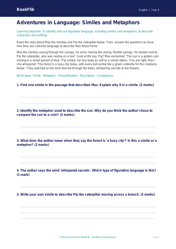 Free Figurative Language Worksheet | Year 4 Core | BookFlik worksheet preview — English Figurative Language